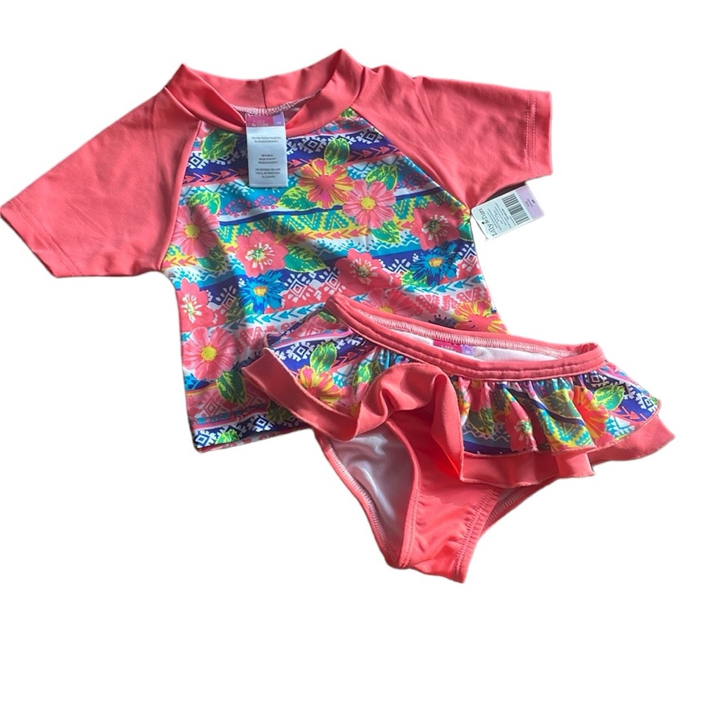 Lily & Dan Bikini Bathing Swim Suit Sz 3T Tropical Floral Coral Rash Guard NEW